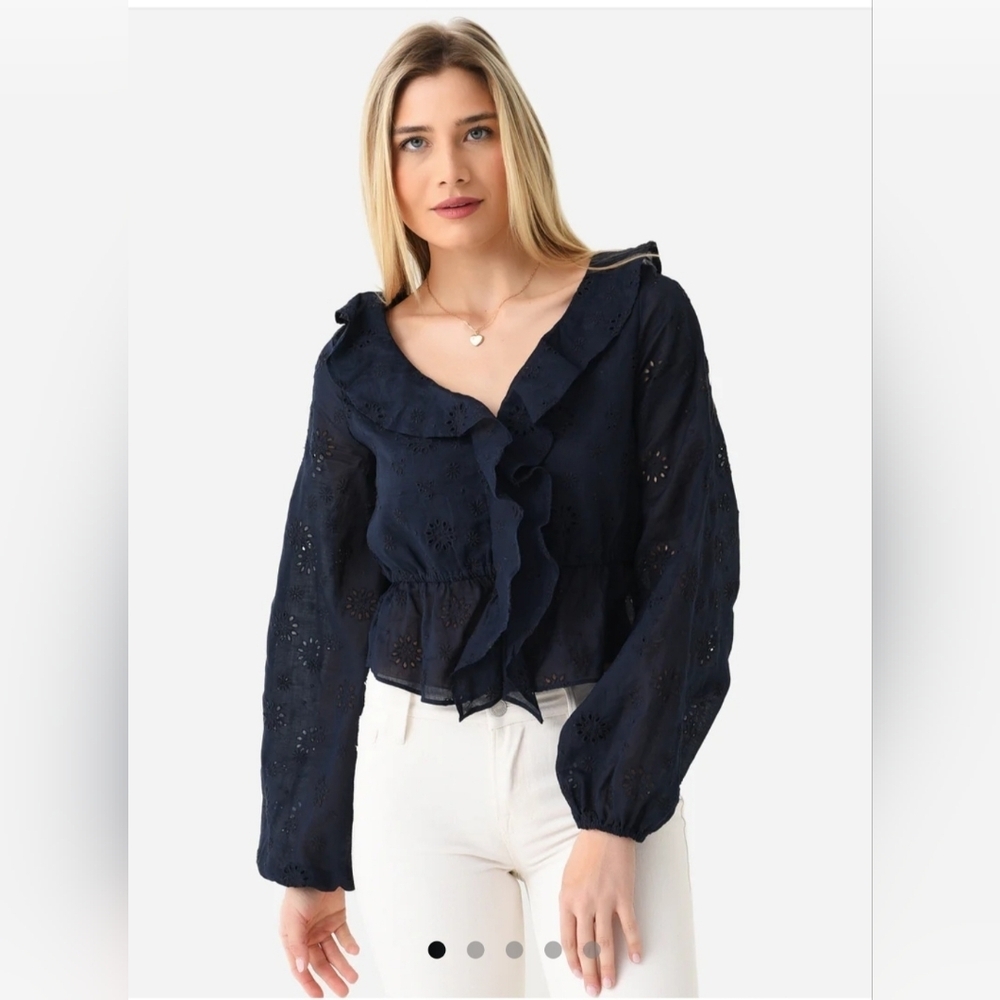 FRAME Navy Blue Eyelet Ruffle Front Blouse Long‎ Balloon Sleeve Size L